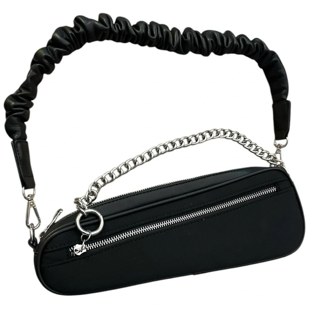AKIRA Black Asymmetrical Chained Ruffle Shoulder Bag - Picture 3 of 12
